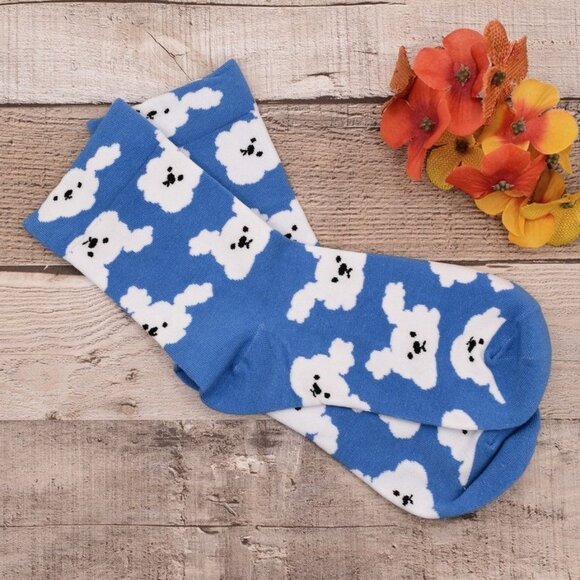 Colorful Favorites Accessories - Andi Larose Womens Puppy Dog Pattern Socks White on Blue Gift Packaged